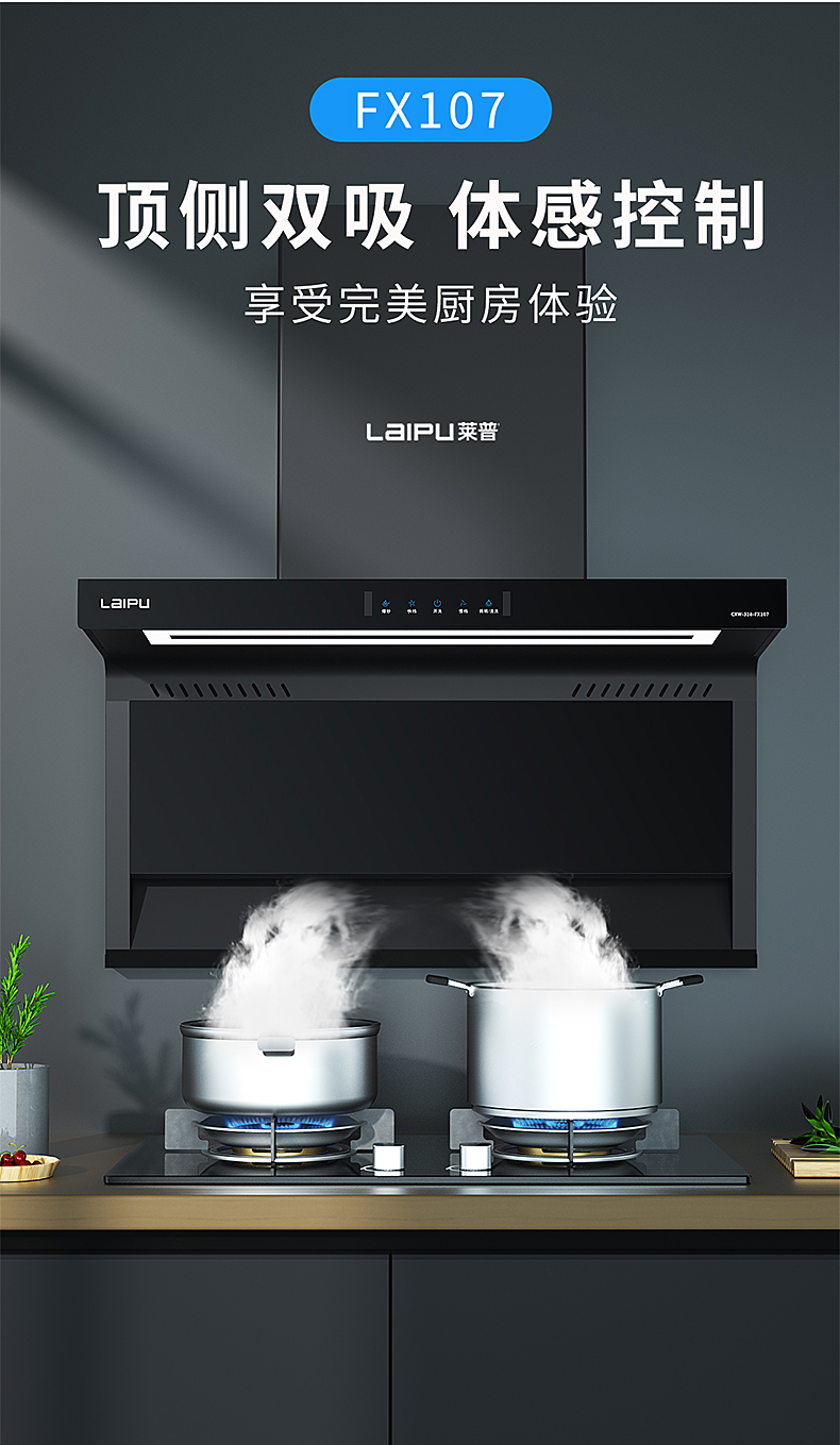 顶侧双吸，两路拦截，莱普油烟机，一键解锁清新厨房！