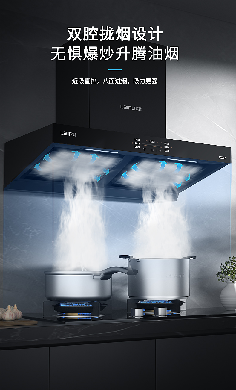 莱普双腔大吸力油烟机，21m³/min大风量，八面进烟、低噪守护！